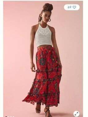 FARM Rio Red Floral Paisley Tiered Maxi Skirt